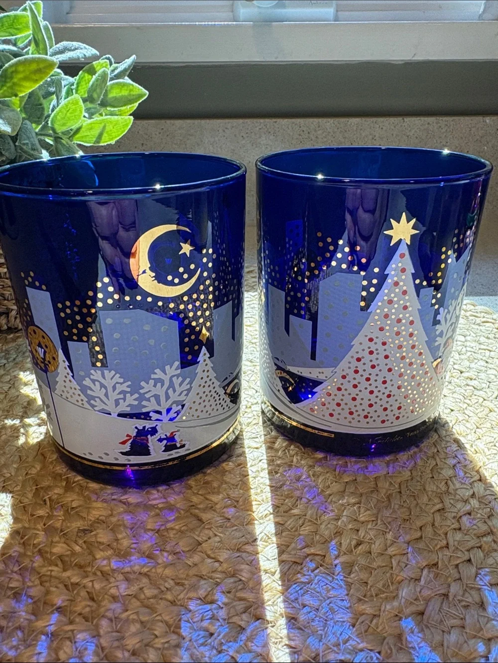 (2) Vintage Cobalt Blue Noritake 'Twas The Night Before Christmas Glasses